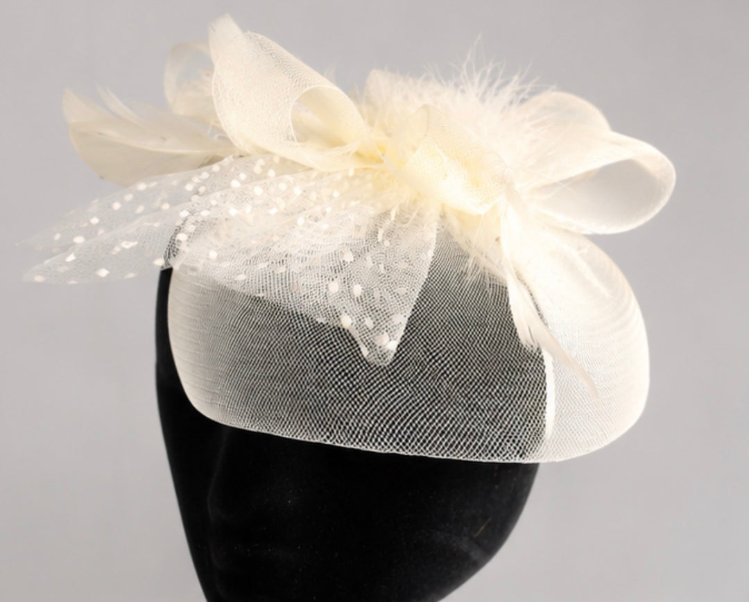 Ivory Mesh Fascinator Hat with Feather &amp; Pearl Detail