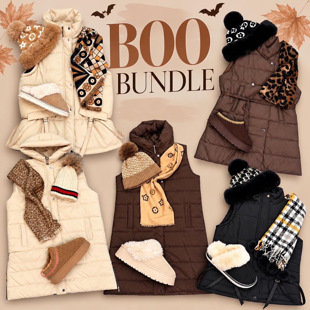 CBS Boutique BOO Bundle featuring a choice of padded gilet, winter hat, scarf and cosy slippers in autumn colours, worth over £80 for £45.