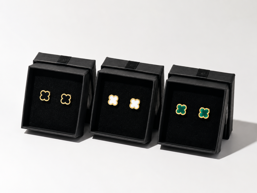     Clover stud earrings collection in black, white and green