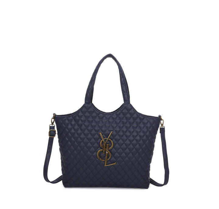 Navy large size quilted bag with gold detailed hardware and long adjustable removable strap
