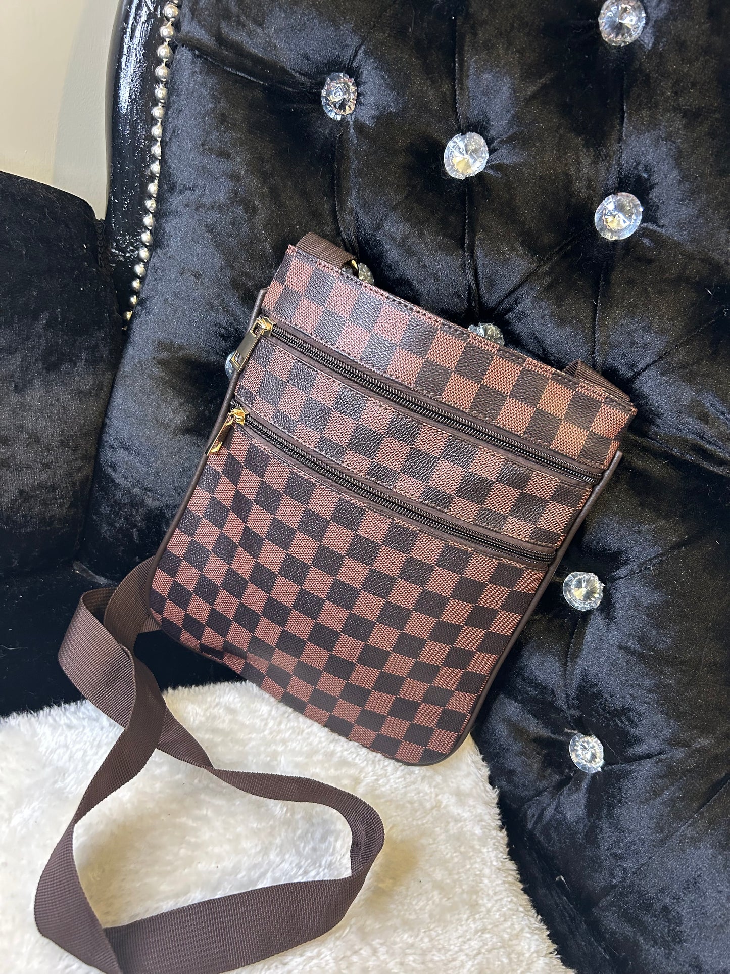 Brown checked crossbody bag