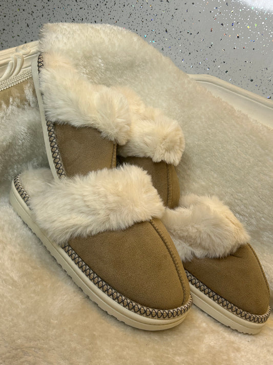 Beige fur lined slip on slippers with stitching detail 