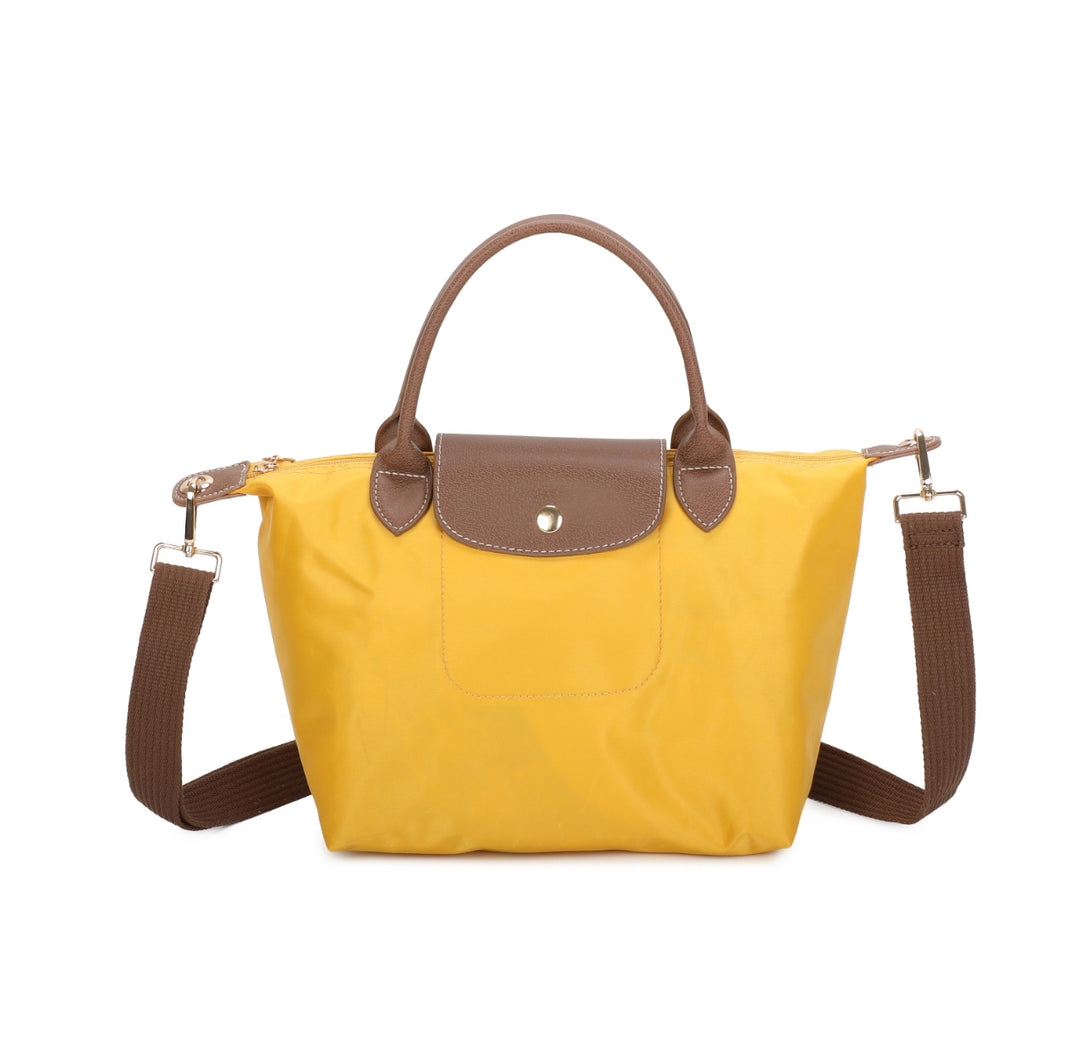 Yellow handbag with brown handles and strap
