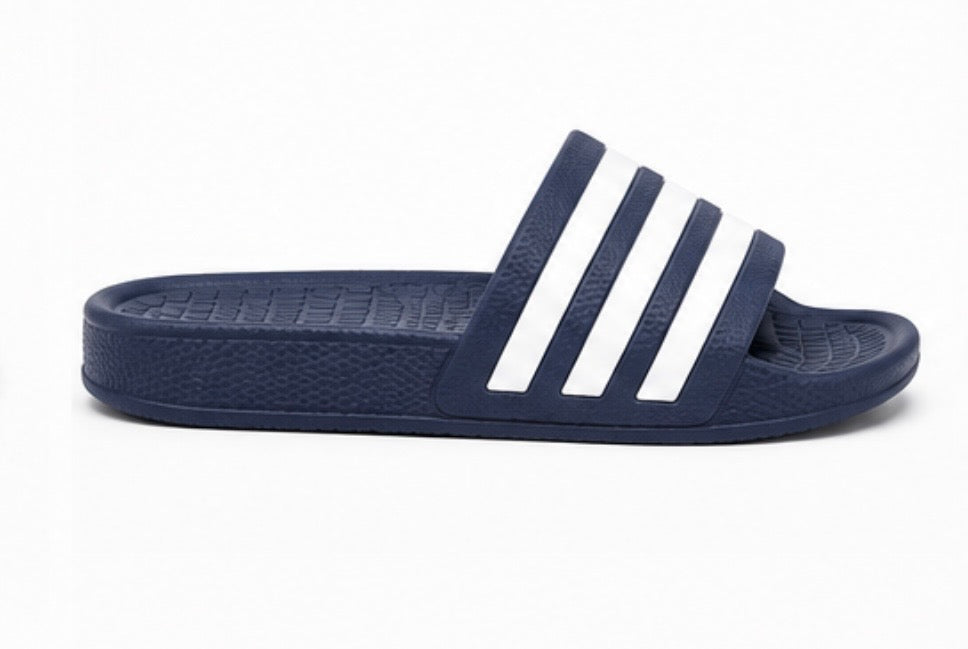 Navy slider sandals with white stripe detail