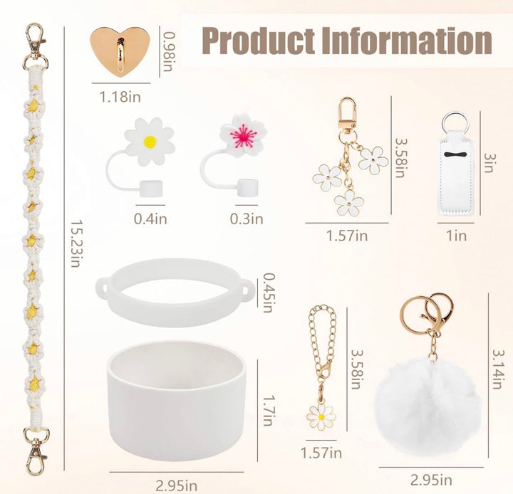 Stanley Cup Accessories Set, 10PCS Decor Includes Straw Cover, Water Bottle Handle Strap, Silicone Boot, Charms for 40oz &amp; 30oz Tumbler, White