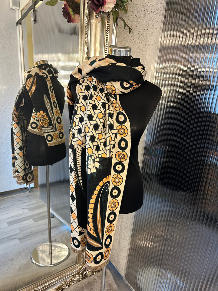 Black geometric scarf with beige and orange accent
