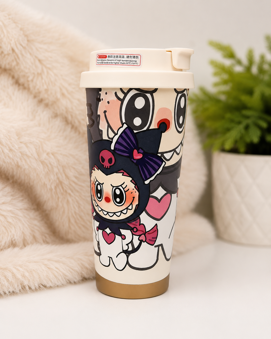 Labubu insulated travel bottle cup with flip lid in assorted colourful cartoon character designs.