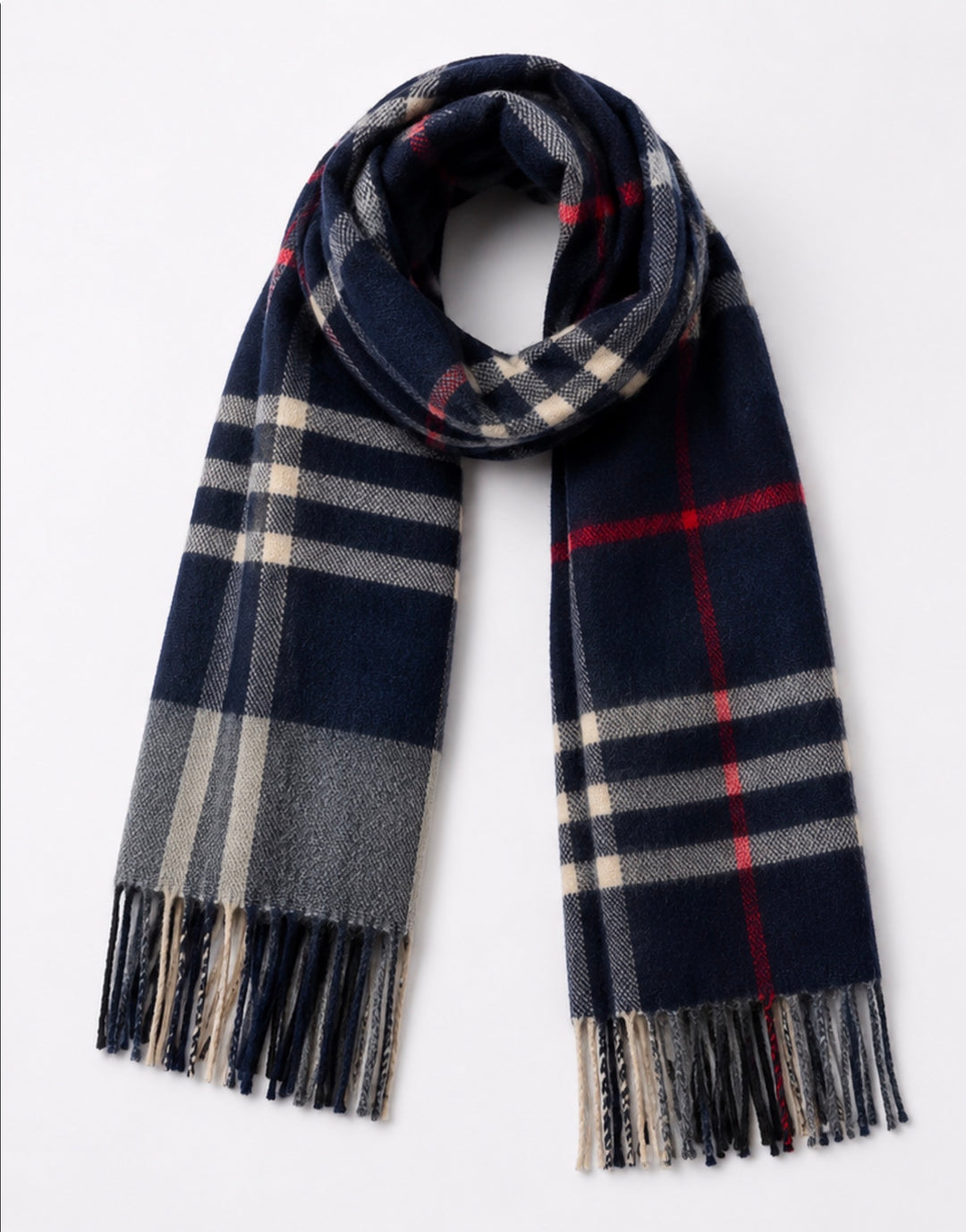 Navy check scarf with cream grey and red detailing and tasselled fringe ends