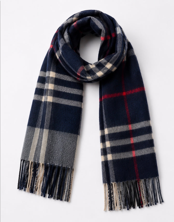 Navy check scarf with cream grey and red detailing and tasselled fringe ends