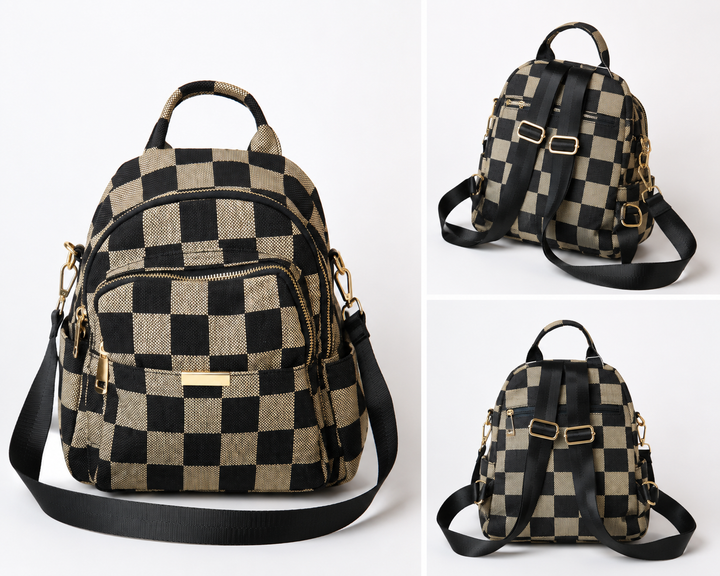 Black and tan checkerboard convertible backpack with adjustable straps and detachable crossbody shoulder strap.