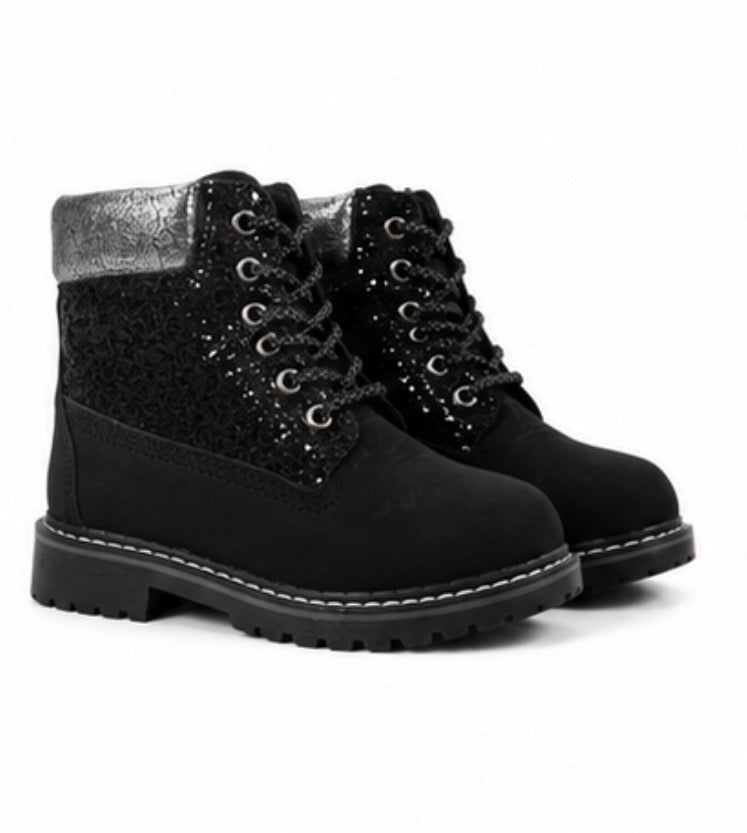 Girls glitter lace-up ankle boots in black and tan with chunky sole