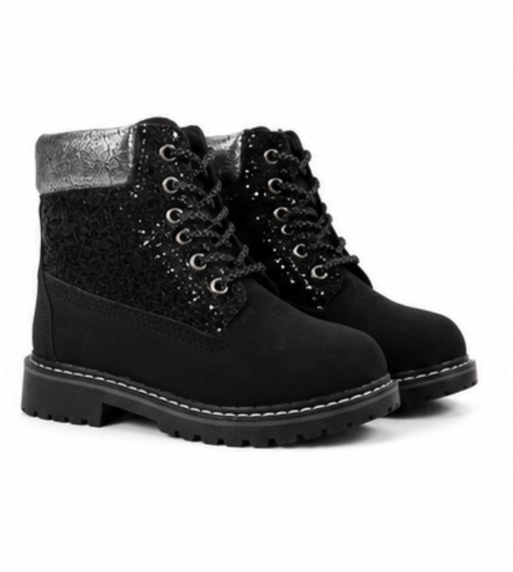 Girls glitter lace-up ankle boots in black and tan with chunky sole