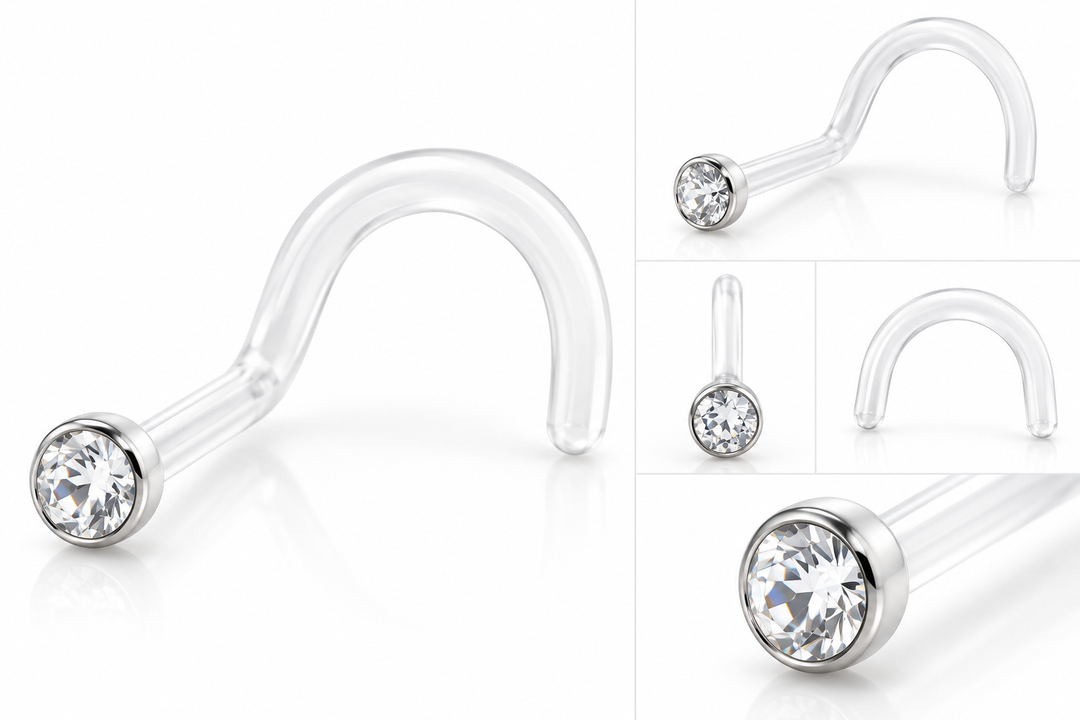Clear 0.8mm Bioplast curved nose stud with silver tone clear crystal gem