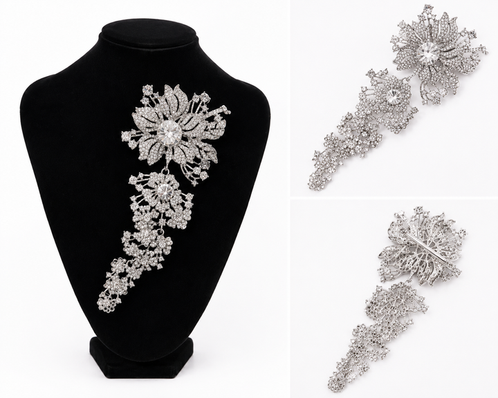 Silver crystal cascading floral statement brooch with large flower and sparkling drop detail