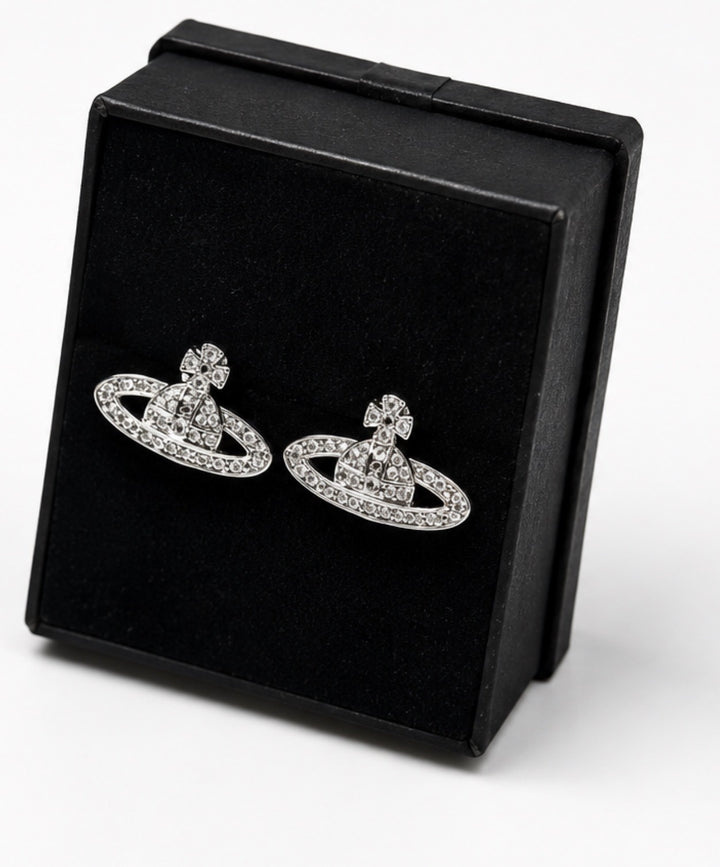 Silver crystal orb stud earrings with sparkling rhinestone detailing 
