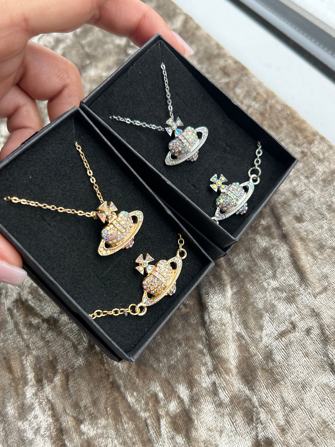 Gold and silver holographic crystal detail planet orb jewellery set 