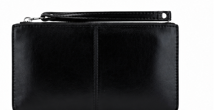 Black expandable purse with wrist strap and silver hardware 