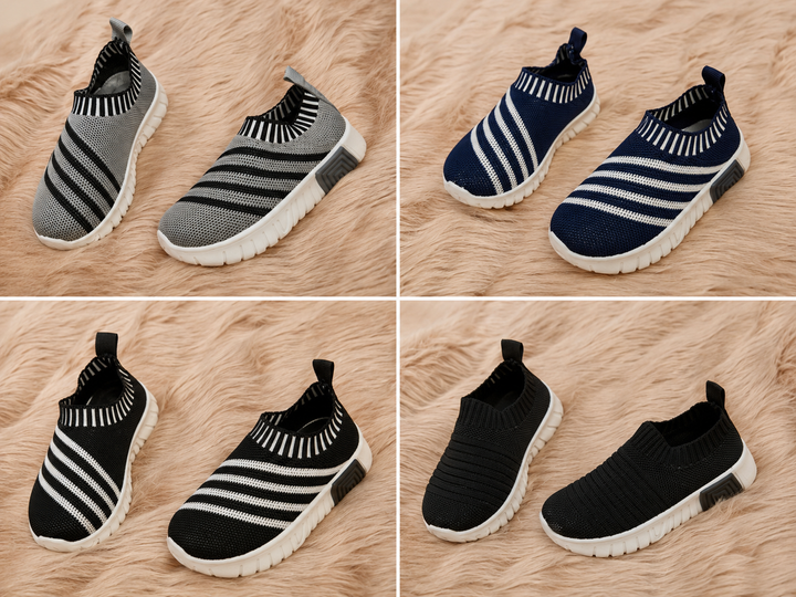 slip-on trainers in grey and black, navy and white, black and white, and plain black designs with lightweight flexible soles.