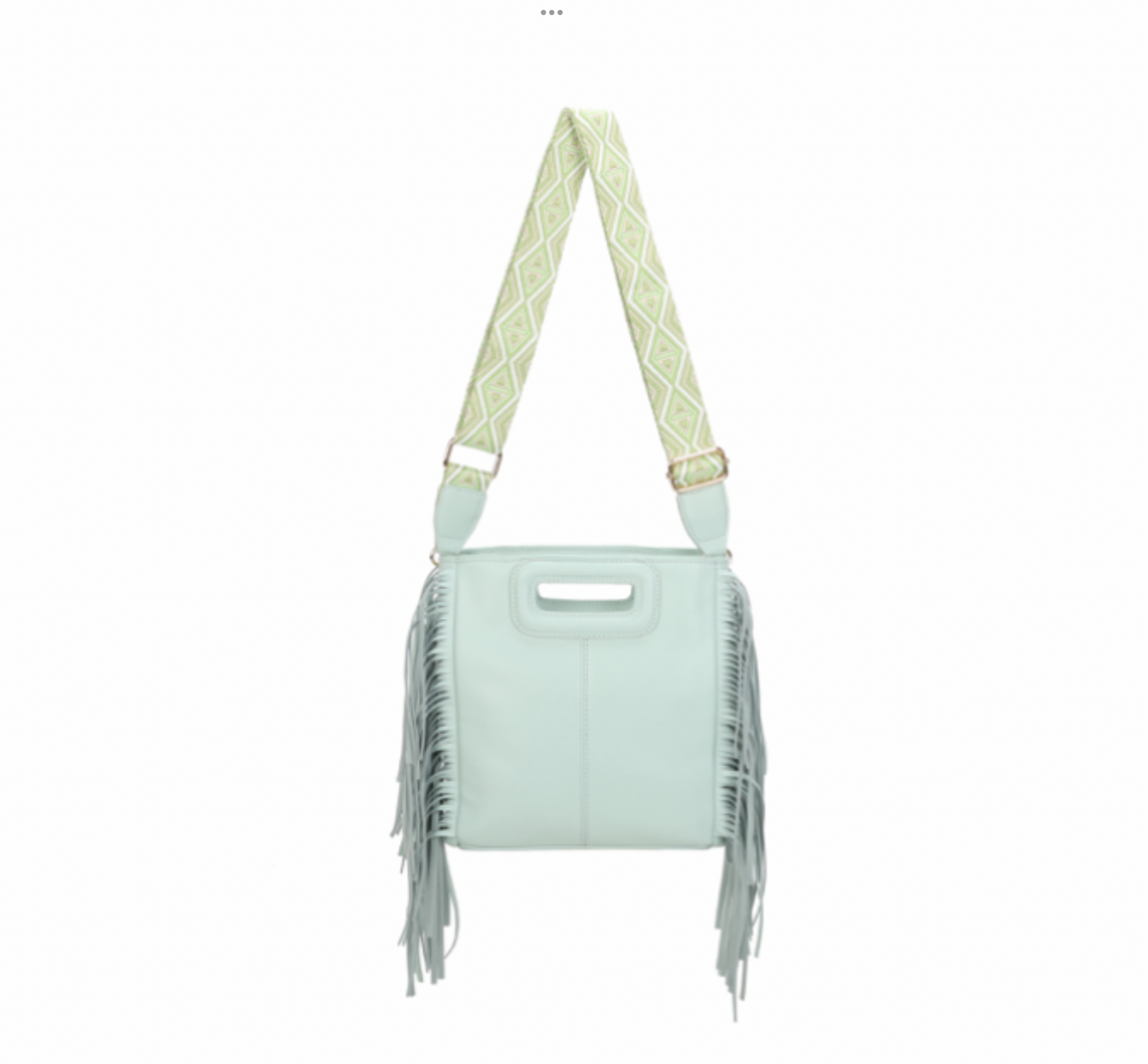 Mint green handbag with fringe details and a patterned strap 