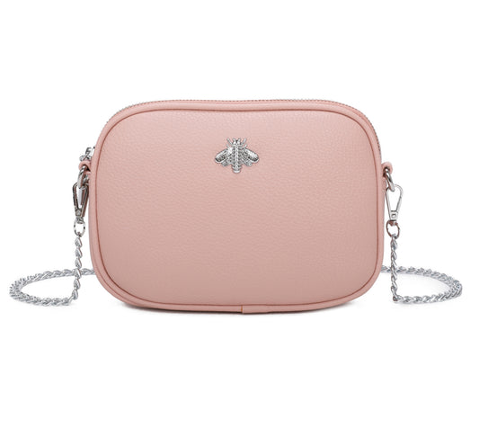 Pink crossbody bag with a silver chain 