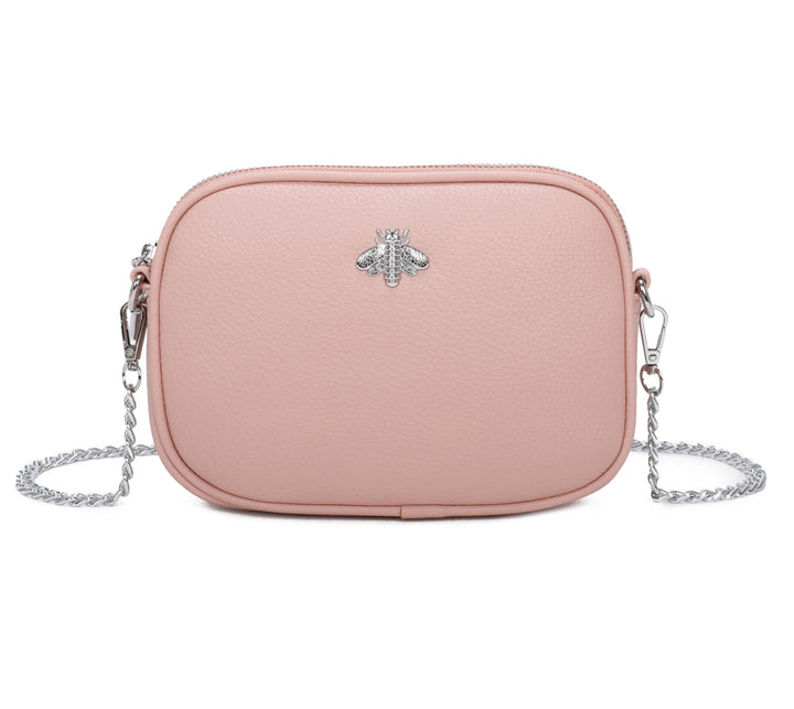 Pink crossbody bag with a silver chain 