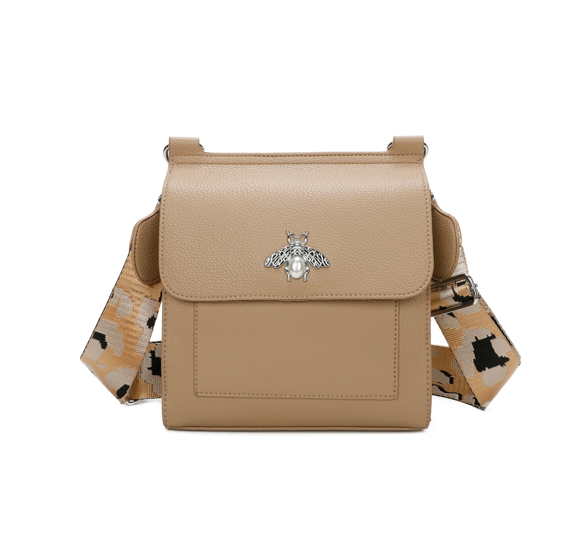 A beige satchel crossbody bag with a bee design on the front flap, featuring a camouflage pattern on the strap.