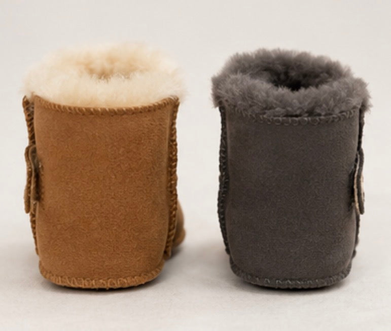 Baby faux suede winter boots available in chestnut brown and grey with warm fleece interior.