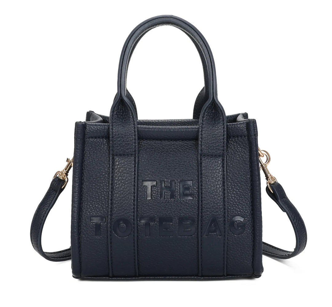 A navy mini tote bag with &