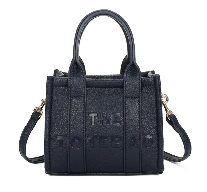 A navy mini tote bag with &