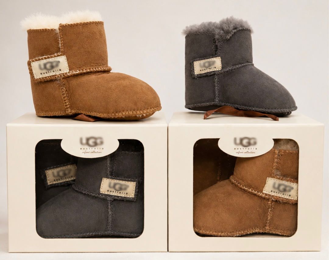 Baby faux suede winter boots available in chestnut brown and grey with warm fleece interior.