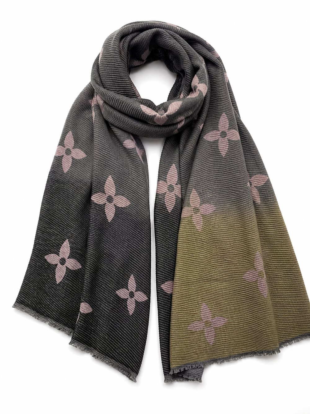 Ribbed colour block scarf in charcoal grey, black and muted olive with dusty pink floral motifs.