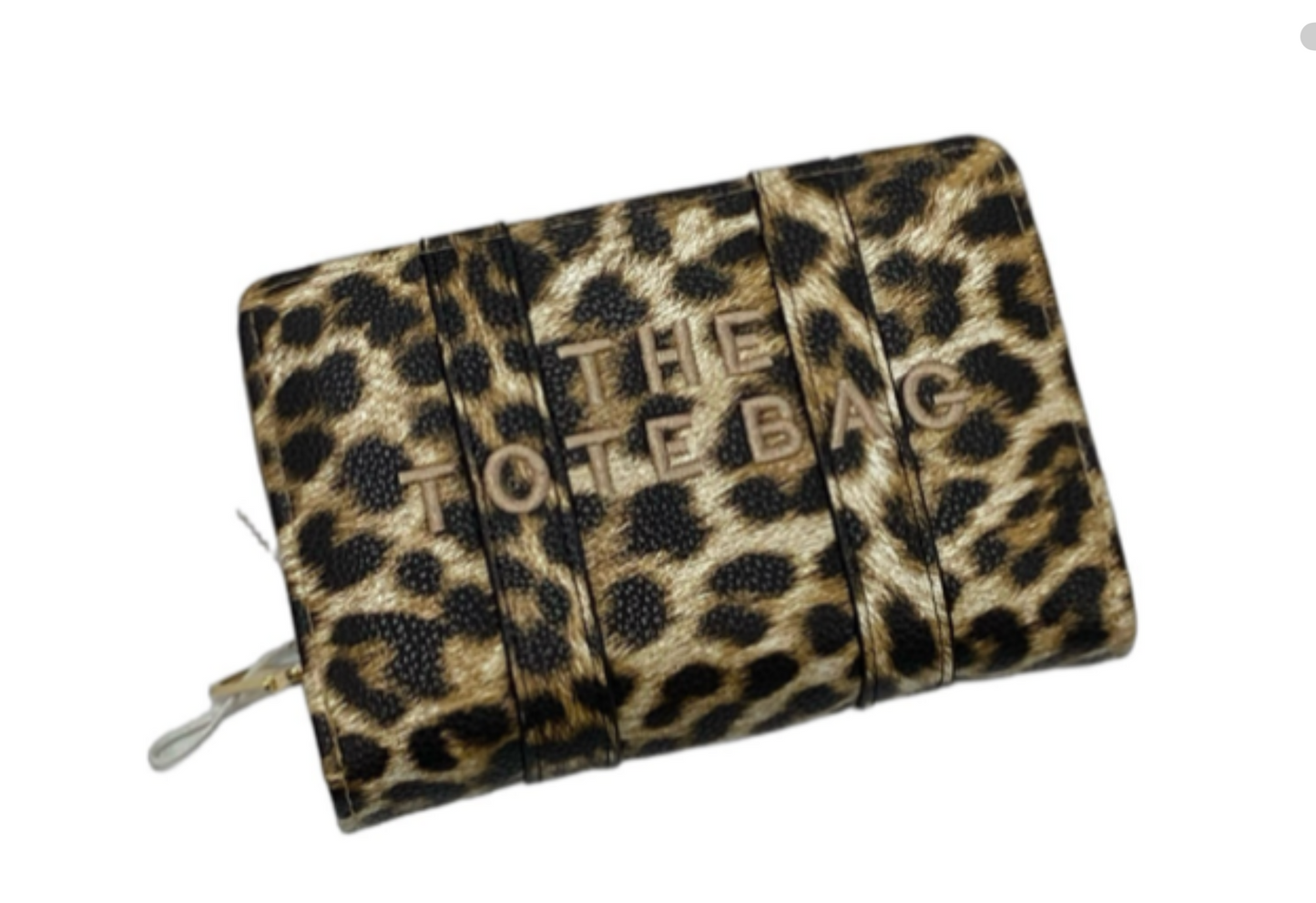 Leopard animal print card holders purses with embossed ‘The Tote Bag’ lettering and gold zip detail