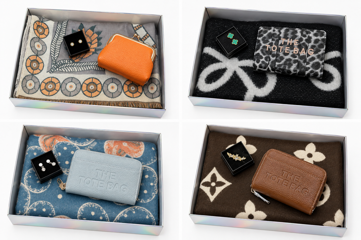 Luxury gift bundle collection featuring four coordinated sets with soft patterned scarves, matching purses, wallets and elegant earrings, beautifully presented in gift boxes.