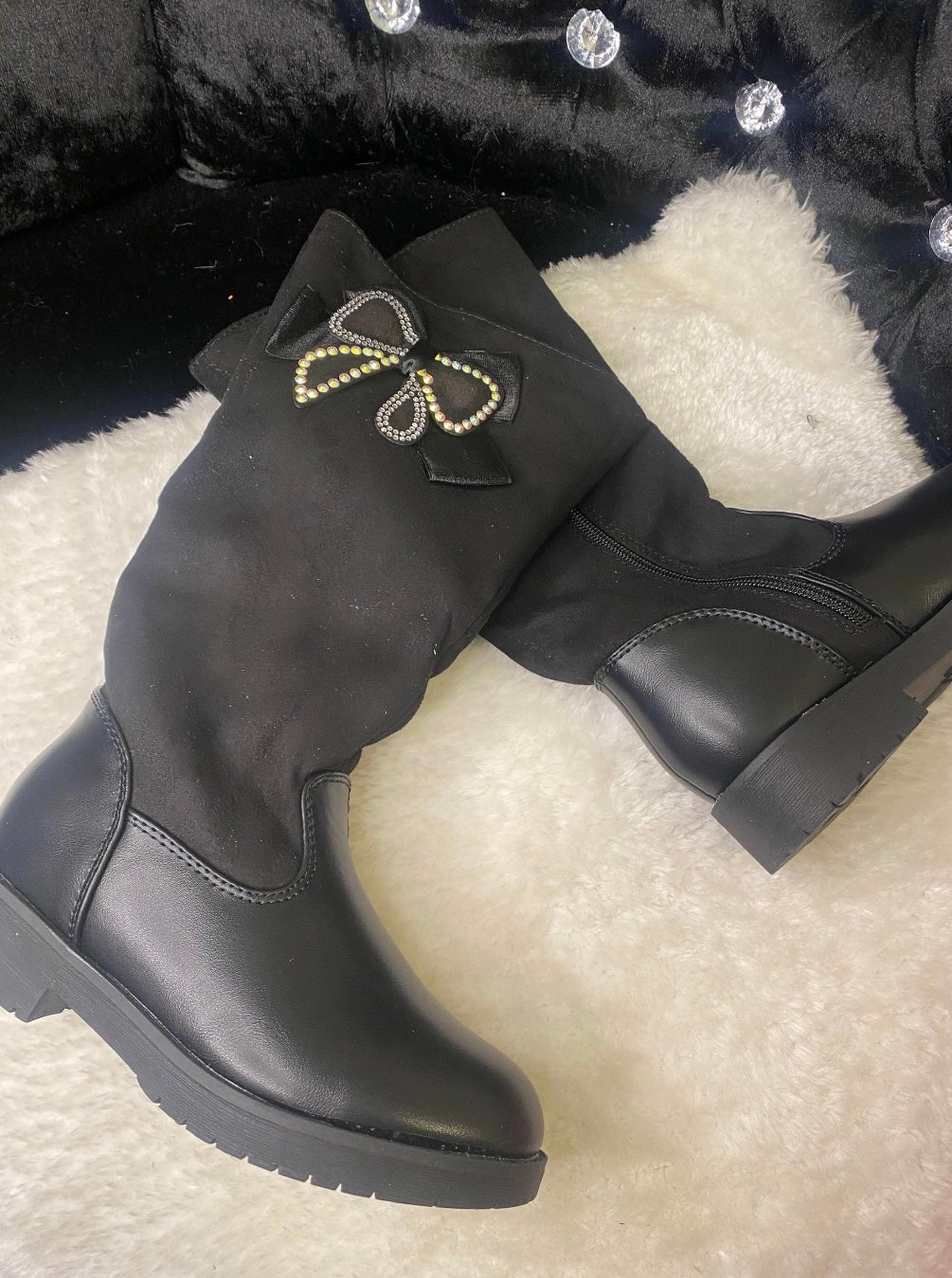 Girls knee high black boots with crystal bow detail zip up boots