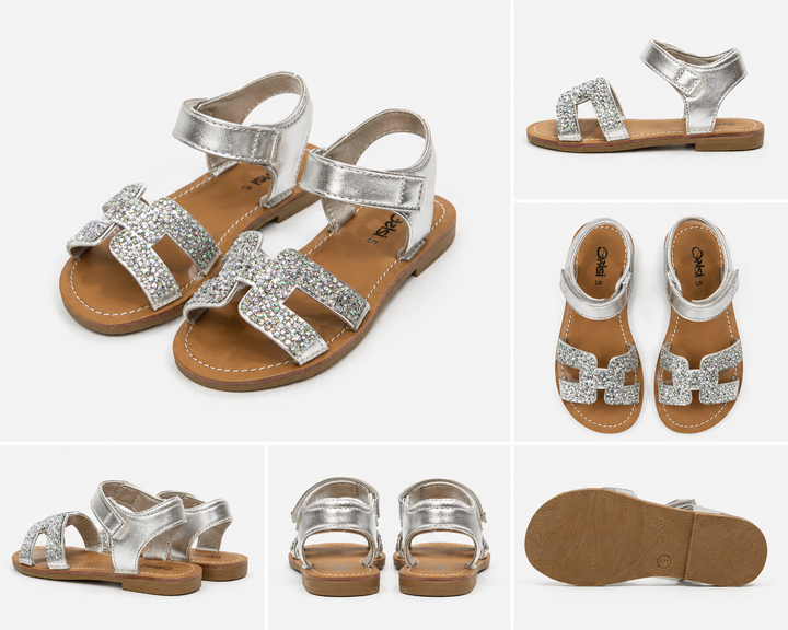 Girls silver glitter buckle sandals with metallic ankle strap and flat sole
