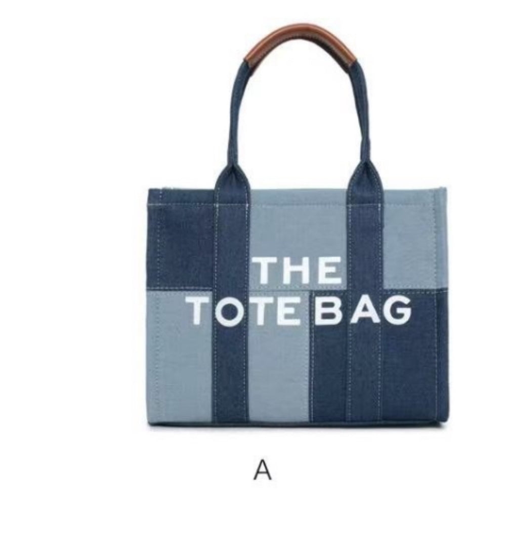 Small patchwork denim style blue tote bag 