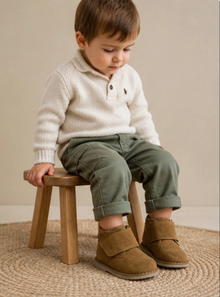 Unisex kids suede ankle boots with wide wrap fastening
