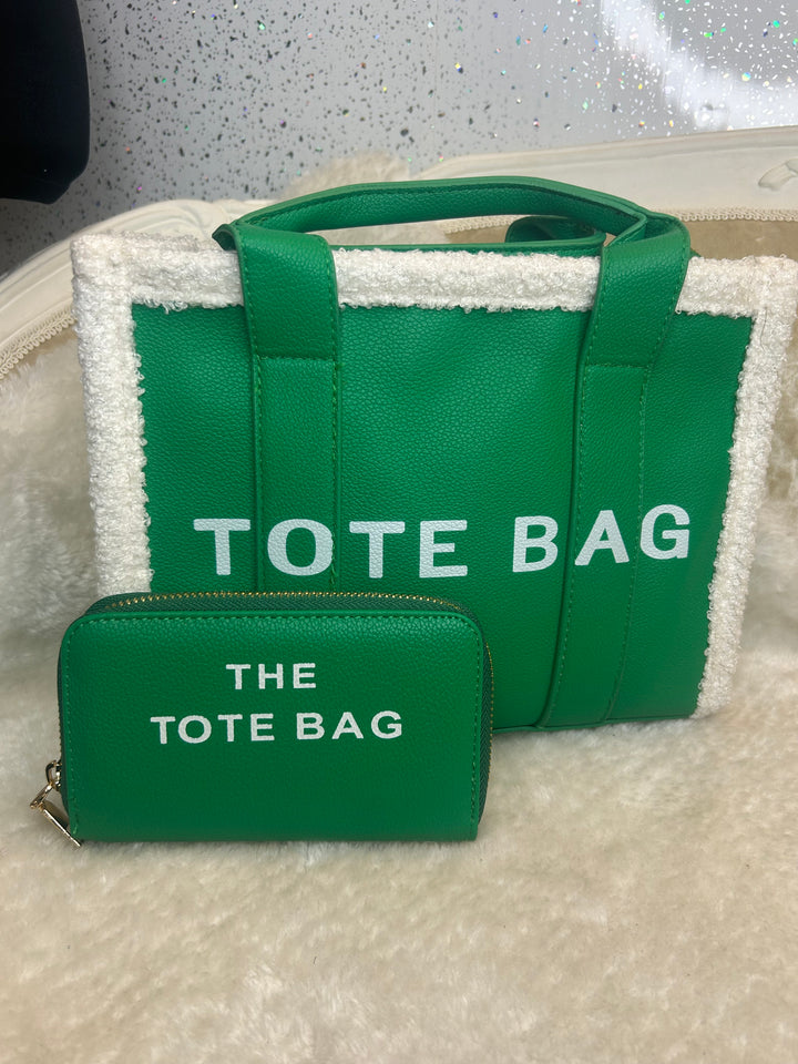 Green fuzzy tote bags with &
