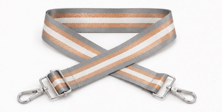 Adjustable striped handbag strap with premium metal hardware for shoulder and crossbody bags.