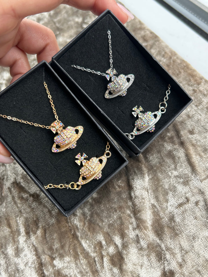 Gold and silver holographic crystal detail planet orb jewellery set 