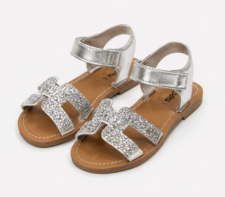 Girls silver glitter buckle sandals with metallic ankle strap and flat sole