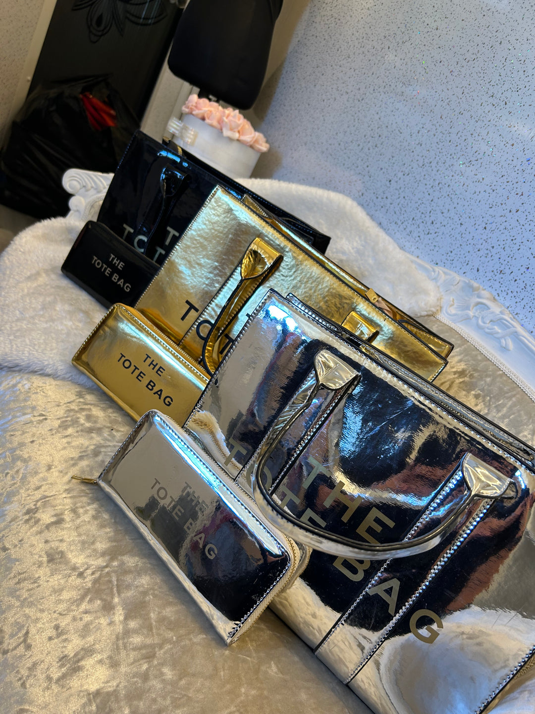 Silver and gold tote bag with &