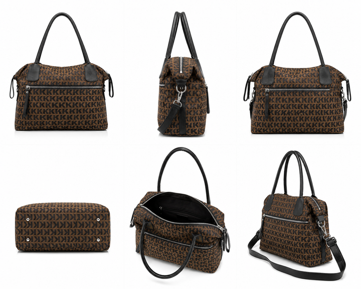 Brown designer-inspired weekend holdall with multiple zip pockets and spacious travel compartment.