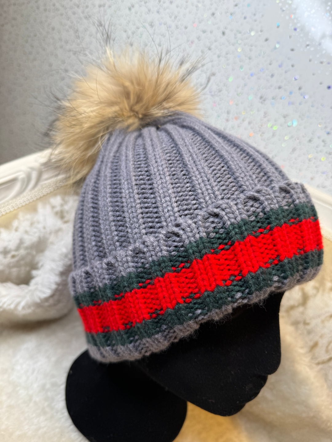 Stripe Hat with Removable Fur Pom Pom