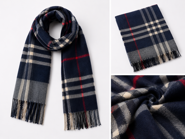 Navy check scarf with cream grey and red detailing and tasselled fringe ends