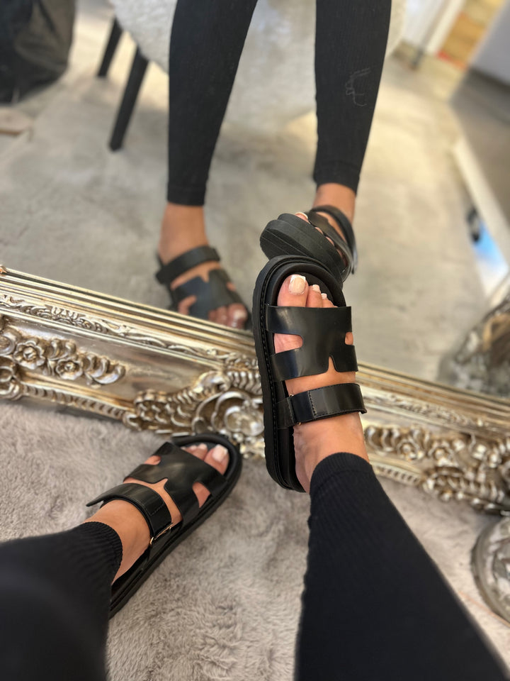 Black sandals slides with Velcro adjustable strap 