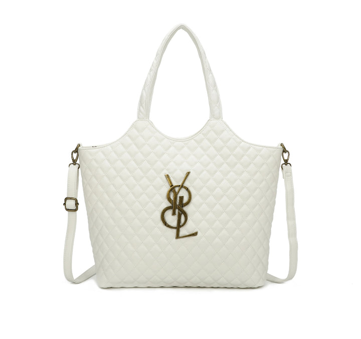 White large size quilted bag with gold detailed hardware and long adjustable removable strap