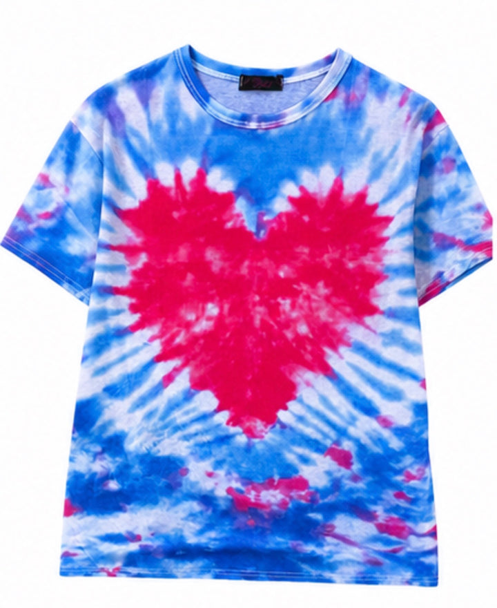 Blue &amp; Pink Tie Dye Heart Oversized T-Shirt