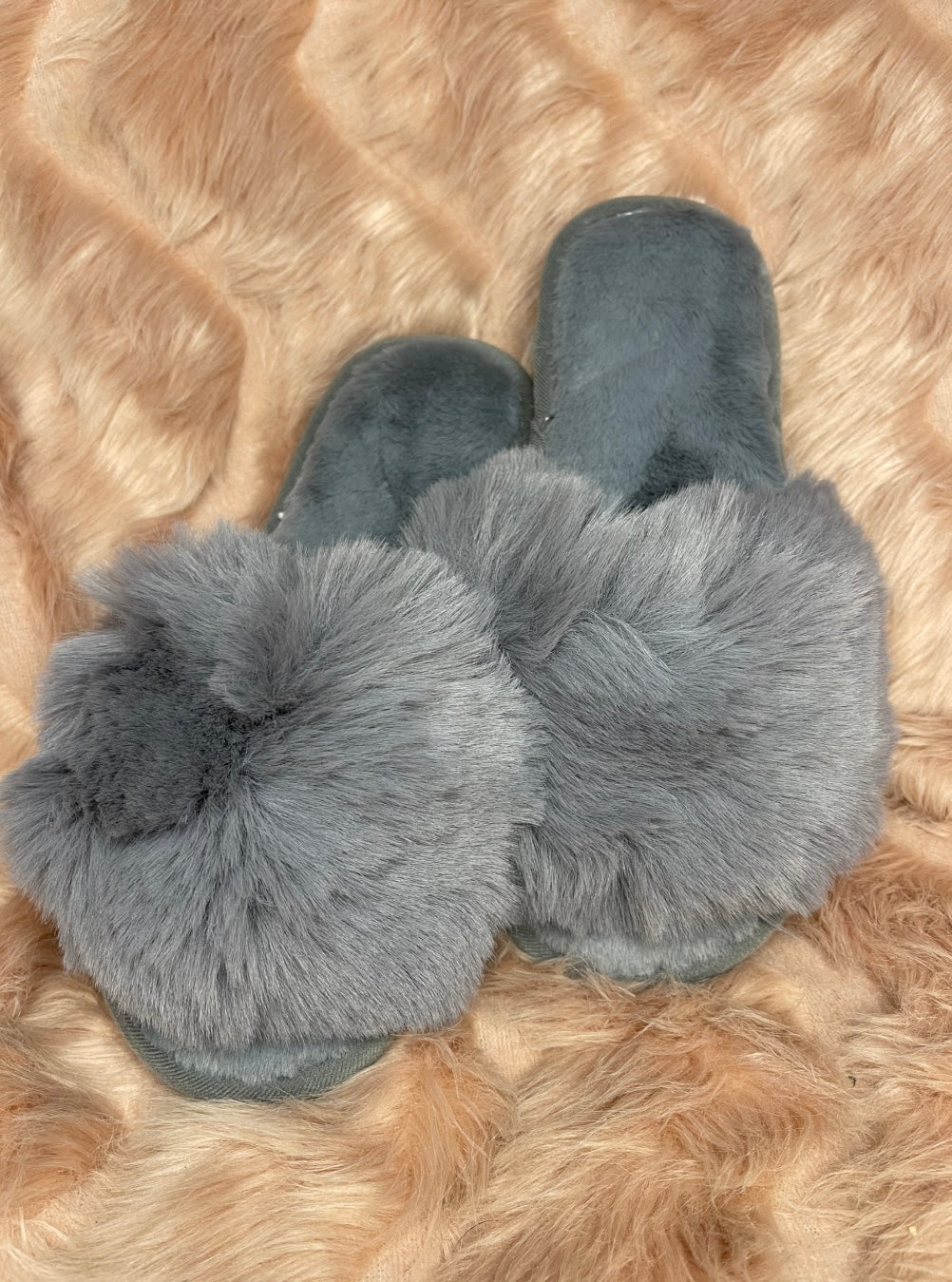 Grey faux fur open toe slider slippers for kids