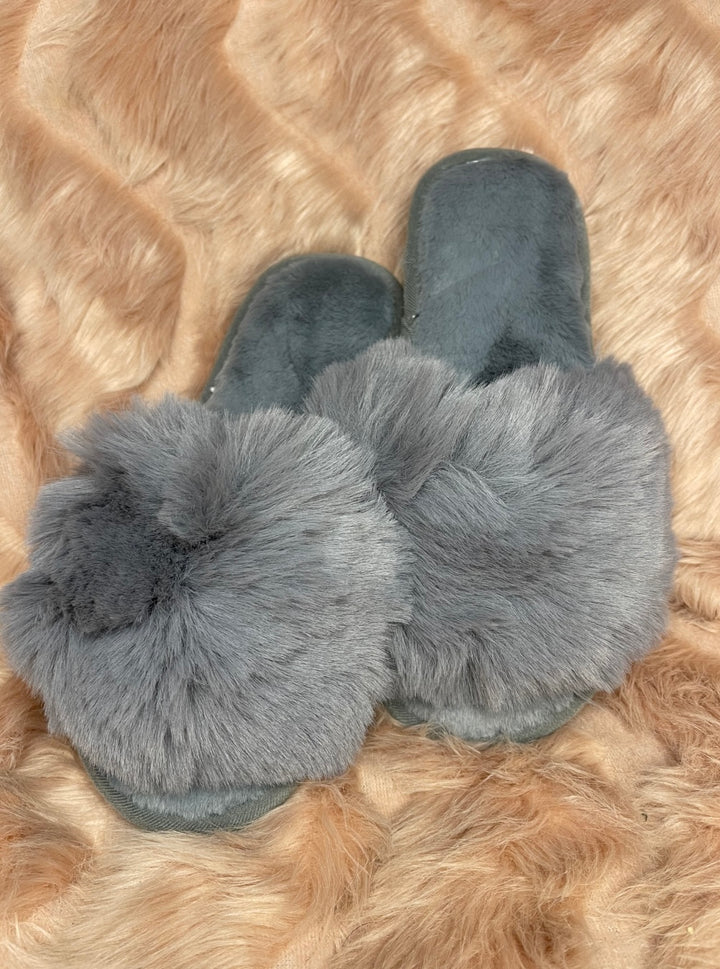 Grey faux fur open toe slider slippers for kids